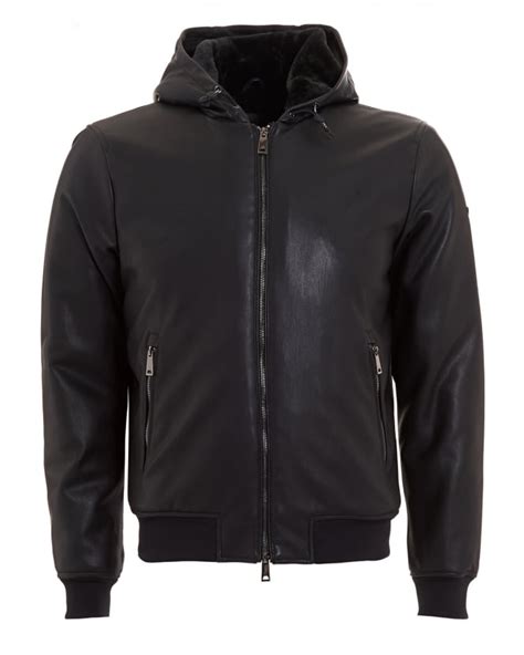 armani jeans black faux-leather hooded blouson jacket|armani exchange jeans jacket.